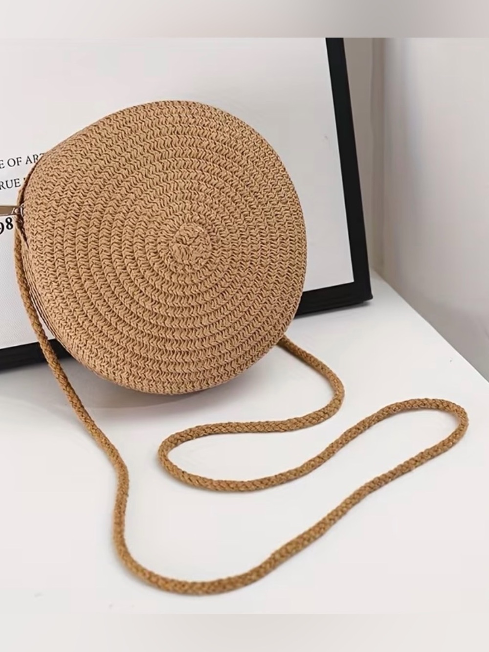 Woven Round Crossbody Bag in Tan